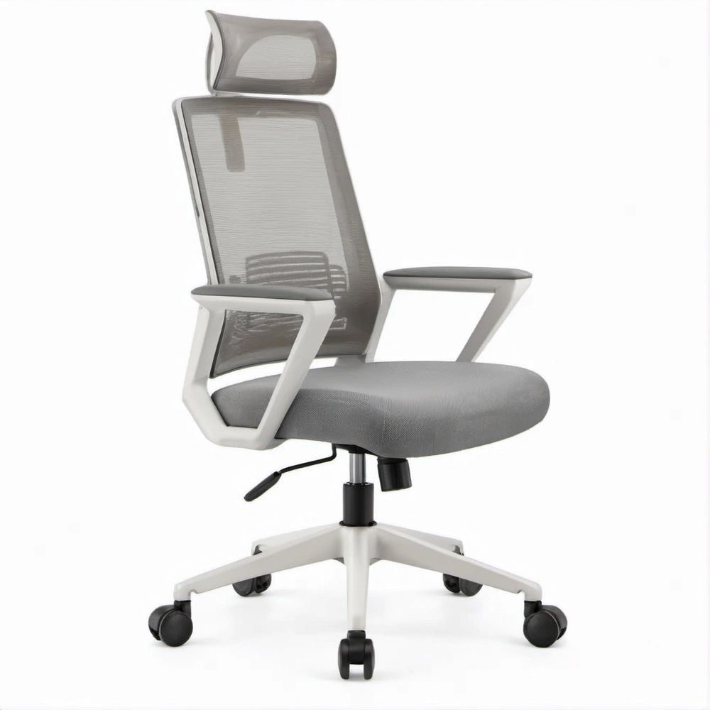 Gray Mesh Executive Chair with Headrest, White Frame, 25.6 x 25.6 x 46.5-50.4 in