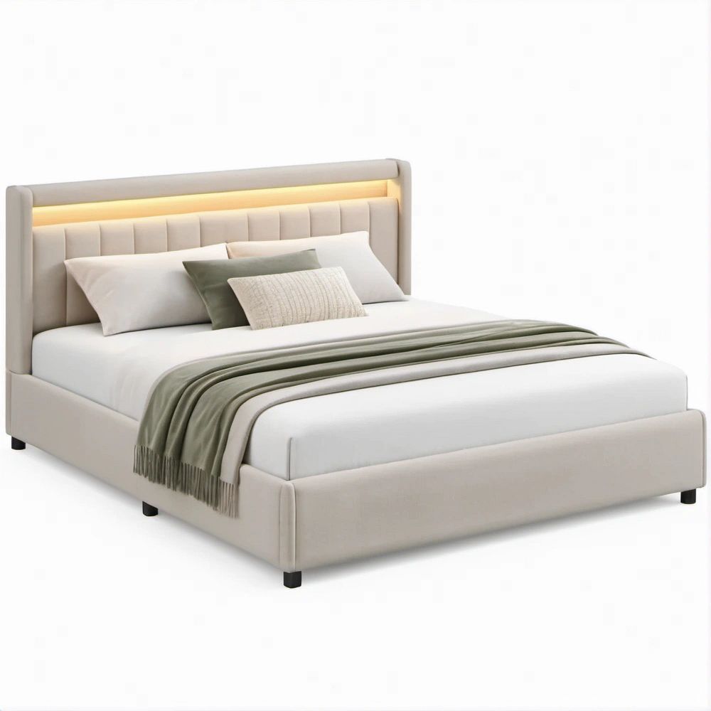 Full-Size Beige Upholstered Bed Frame with LED Headboard, 54 x 75 in
