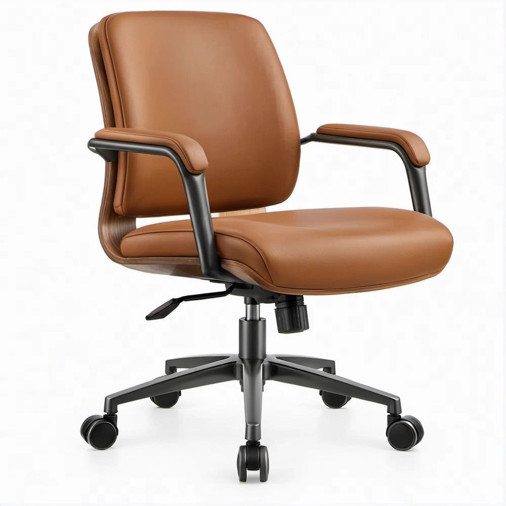 Brown PU Leather Swivel Office Chair with Padded Arms, 25.6 x 25.6 x 39.4-43.3 in