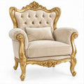 Traditional Tufted High-Back Accent Armchair, Cream Polyester Velvet with Gold Ornate Engineered Wood Frame, 43.3 x 37.4 x 49.2 in