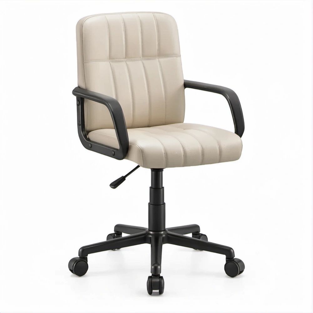 Beige PU Leather Executive Office Chair with Armrests, 25.6 x 25.6 x 38.6-42.5 in