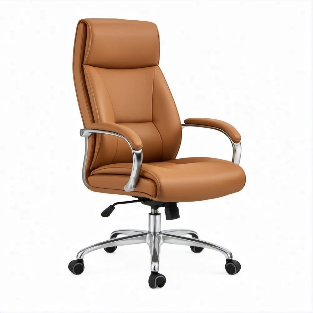 Tan PU Leather High-Back Executive Office Chair with Chrome Base, 26.8 x 27.6 x 46.5-50.4 in