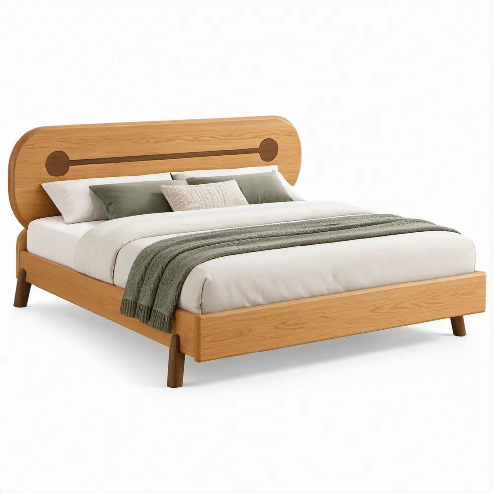 Full Size Solid Oak Platform Bed Frame with Rounded Headboard, Natural Oak/Dark Brown, Fits 54 x 75 in Mattress