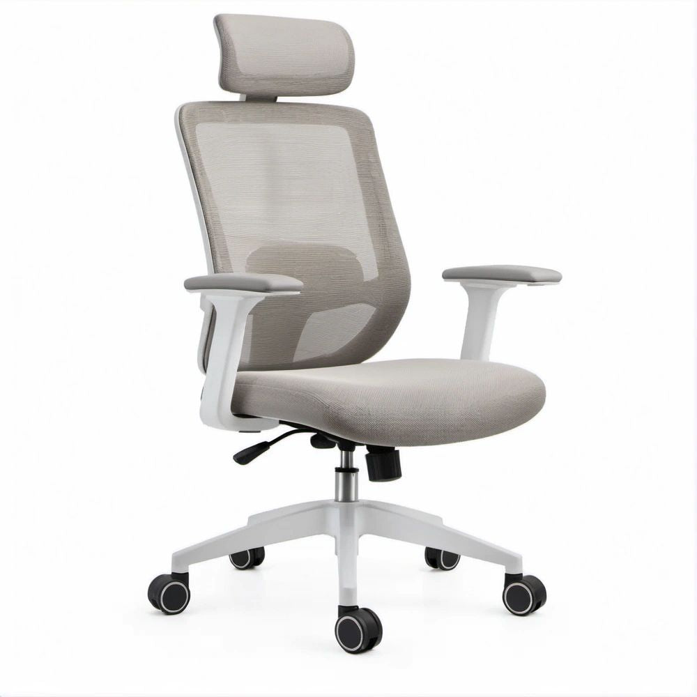 Gray Mesh Ergonomic Office Chair with Headrest, White Base, 25.6 x 25.6 x 47.2-51.2 in