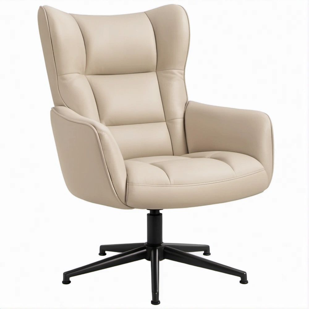 Beige PU Leather Swivel Wingback Lounge Chair with Black Steel Base, 31.5 x 34 x 43.3 in
