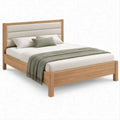 Full Natural Brown Rubberwood Platform Bed Frame with Cream Upholstered Headboard, 79 x 57 x 47 in