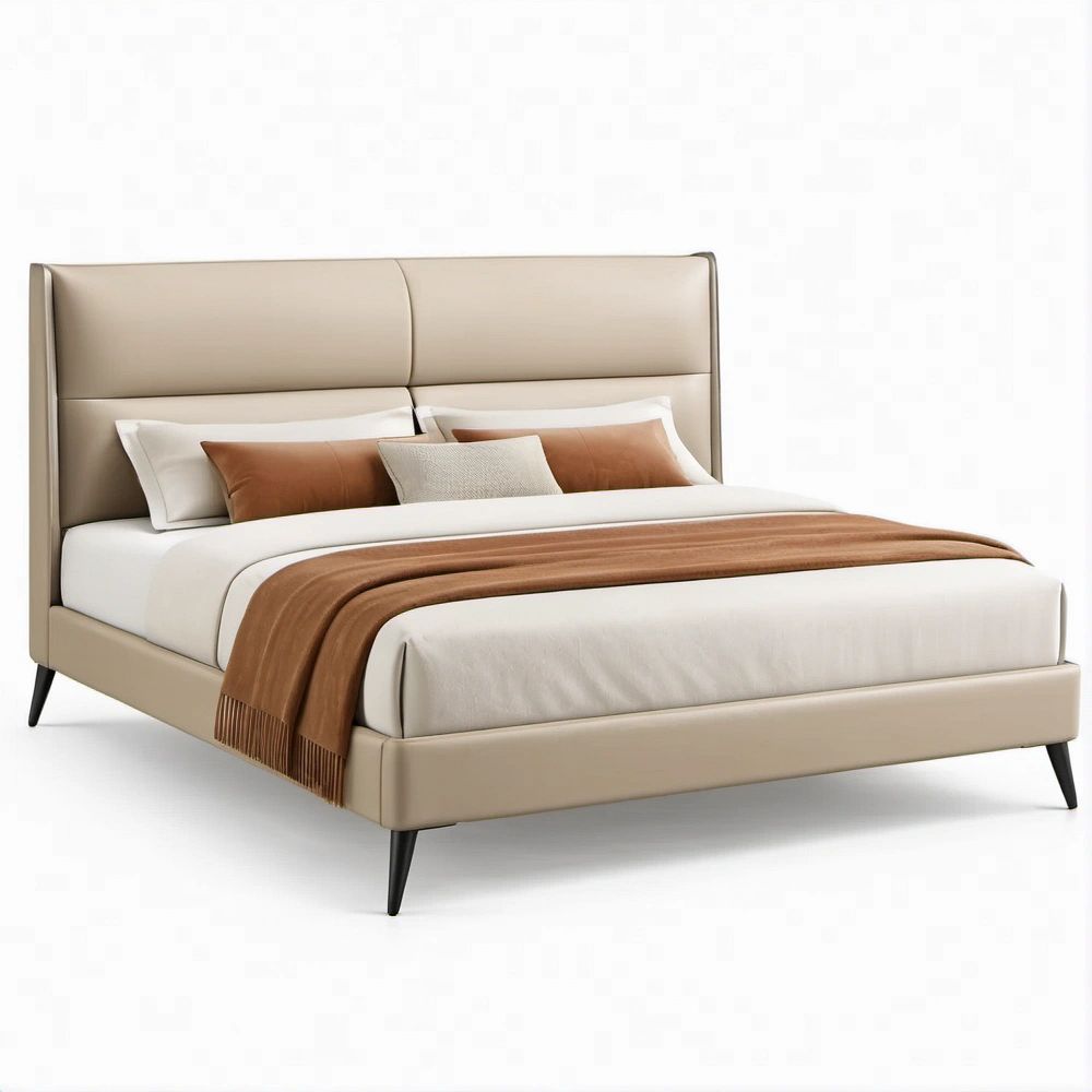 Double Beige PU Leather Upholstered Platform Bed, 58 x 80 x 46 in