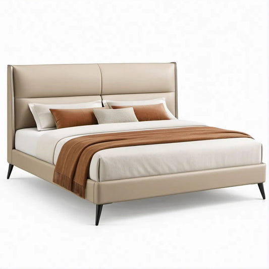 Double Beige PU Leather Upholstered Platform Bed, 58 x 80 x 46 in