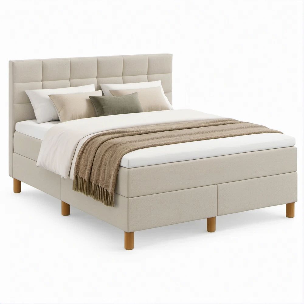 Beige Upholstered Full Bed Frame with Tufted Headboard, 57 x 79 x 45 in