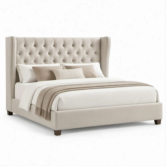 Full Beige Upholstered Platform Bed Frame with Tufted Wingback Headboard, 59 x 80 x 60 in