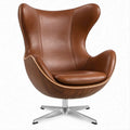 Brown PU Leather Egg Chair with Walnut Veneer Shell and Silver Swivel Base, 34.6 x 31.5 x 42.5 in