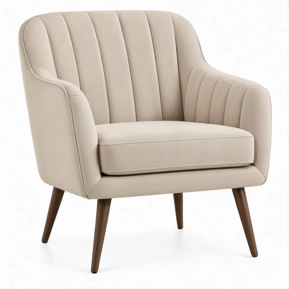 Cream Upholstered Lounge Chair with Dark Brown Rubberwood Legs, 29.5 x 31.1 x 34.6 in