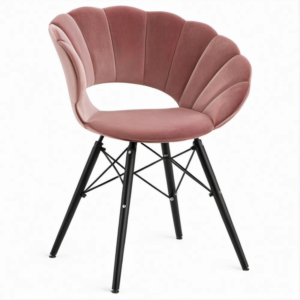 Pink Velvet Shell Accent Chair with Black Steel Legs, 27.6 x 24 x 32.3 in