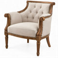 Traditional Tufted High-Back Armchair, Ivory Polyester and Walnut Brown Rubberwood, 34 x 36 x 42 in