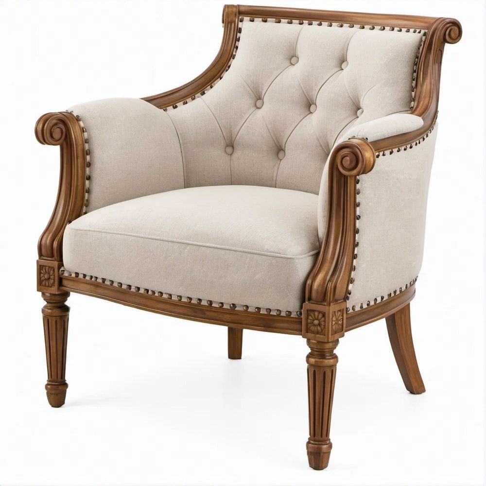 Traditional Tufted High-Back Armchair, Ivory Polyester and Walnut Brown Rubberwood, 34 x 36 x 42 in