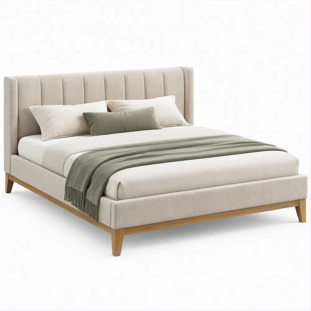 Beige Upholstered Double Bed Frame with Vertical Channel Headboard, 54 x 75 in Mattress Support