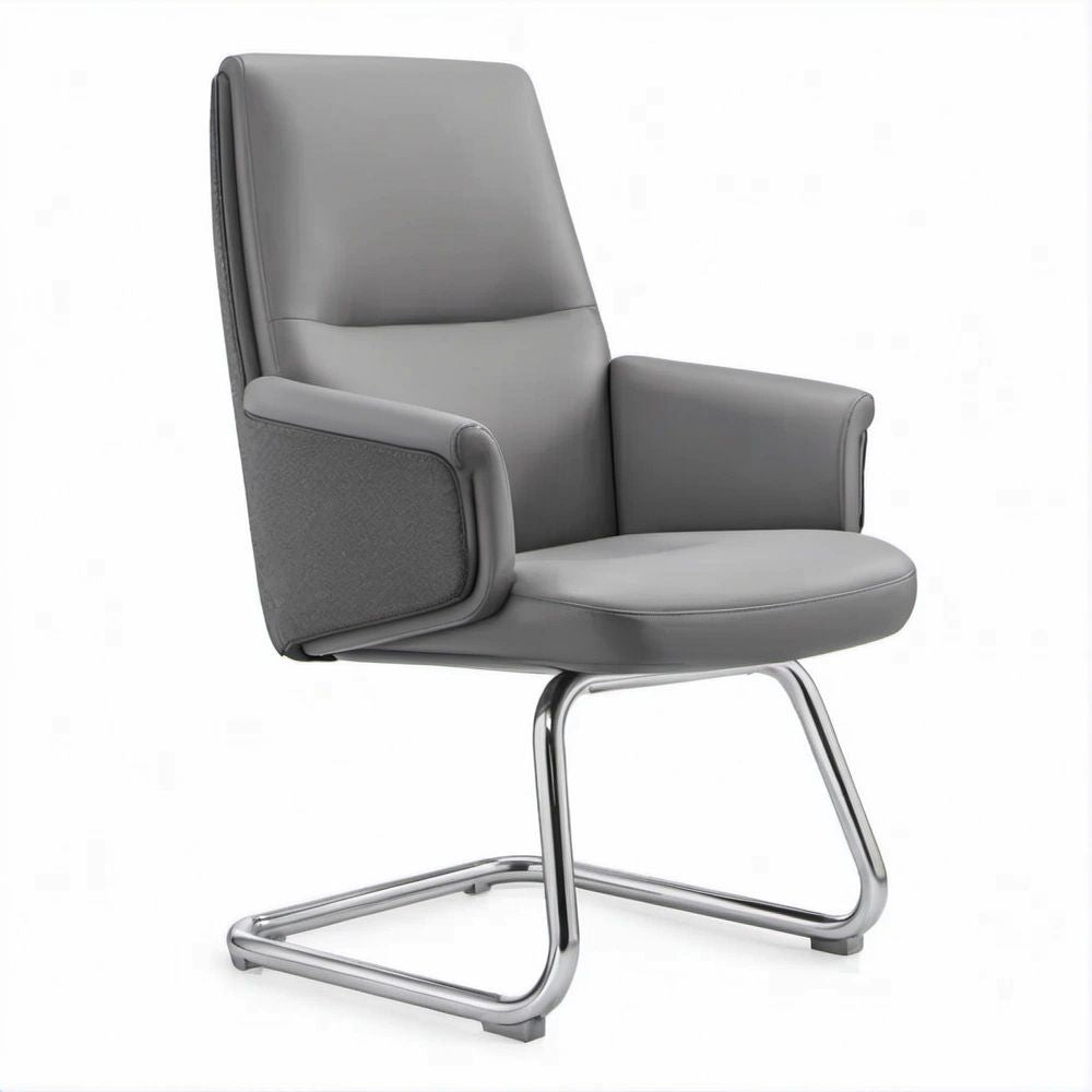 High-Back Gray PU Leather Guest Chair with Chrome Sled Base, 26.4 x 27.6 x 41.3 in