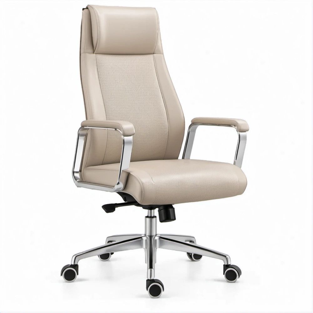 Beige High-Back PU Leather and Mesh Swivel Chair, 25.6 x 25.6 x 45.7-49.6 in