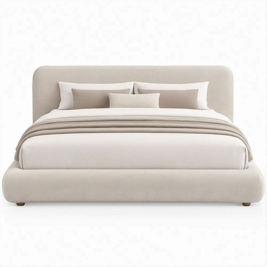 Beige Boucle Upholstered Double Platform Bed with Rounded Frame, 54 in x 75 in
