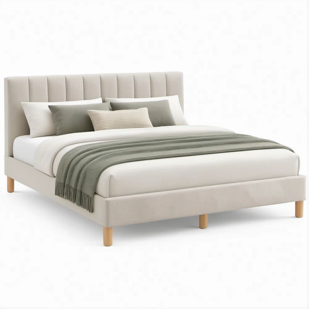 Full Upholstered Platform Bed Frame, Cream Polyester with Vertical Channel Headboard, 54 x 75 in Mattress Size